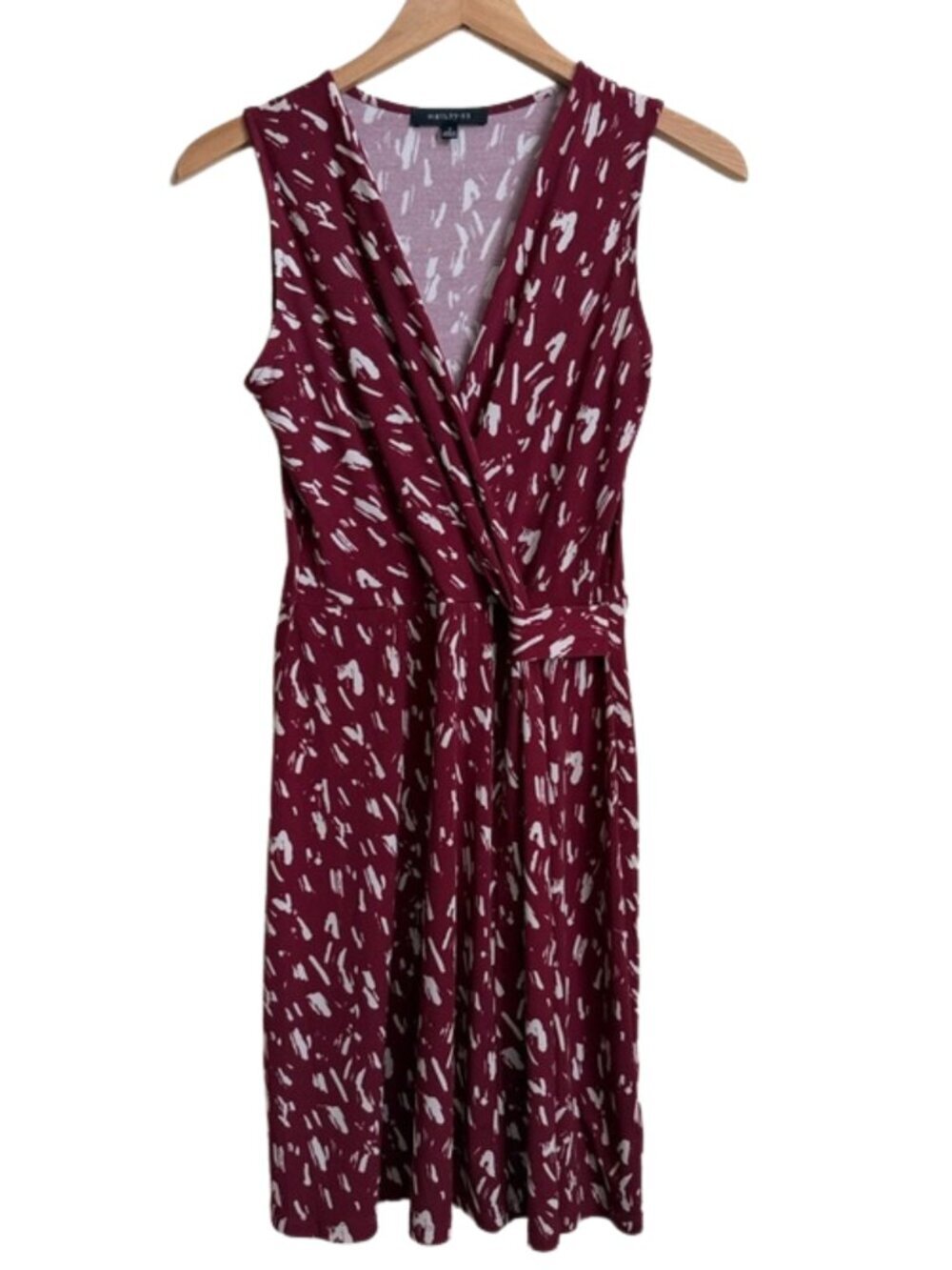 Faux Wrap Midi Dress Hailey 23 HAIL3Y:23 S Burgundy White Abstract V Neck Knit